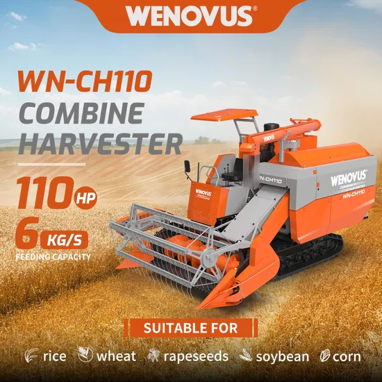 China Wenovus Wn-CH110 Agricultural Machinery Diesel Powered Heavy Combine Harvester Rubber Track 110HP Factory Price