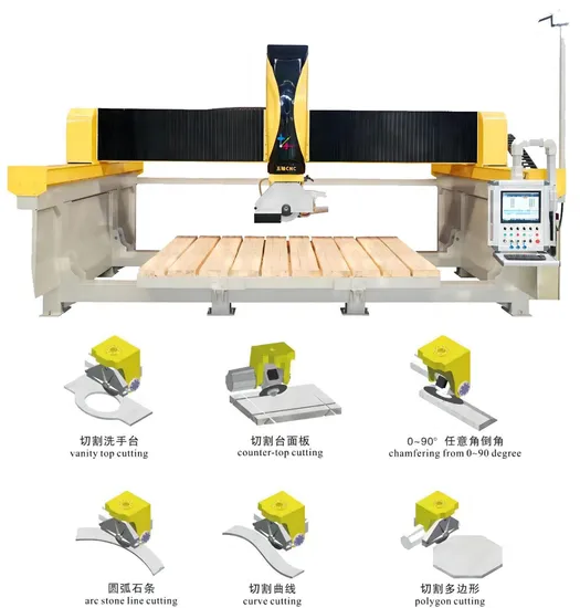 Monoblock 5 Axis CNC Bridge Saw Cutter, Stone Working Machine for Cutting Sintered Stone Marble Granite Quartz & Processing Slabs Countertops Tiles Sink Cutout