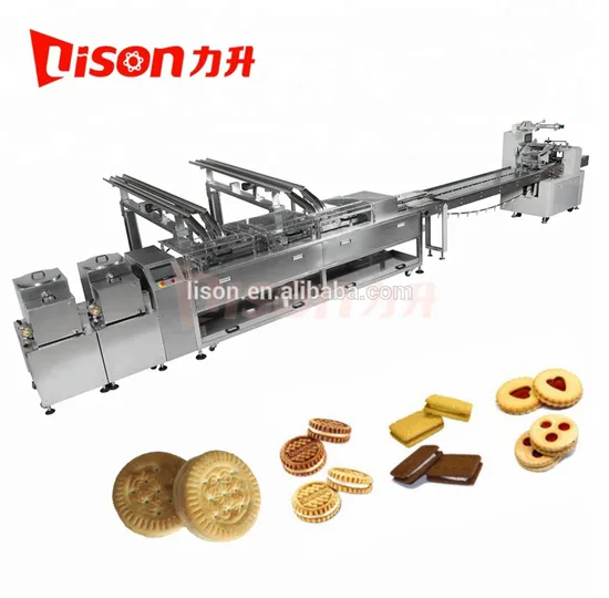 Double Lane Two Flavor Cream Biscuit Sandwiching Machine Sandwich Biscuit Making Machine with Pillow Packing Machine