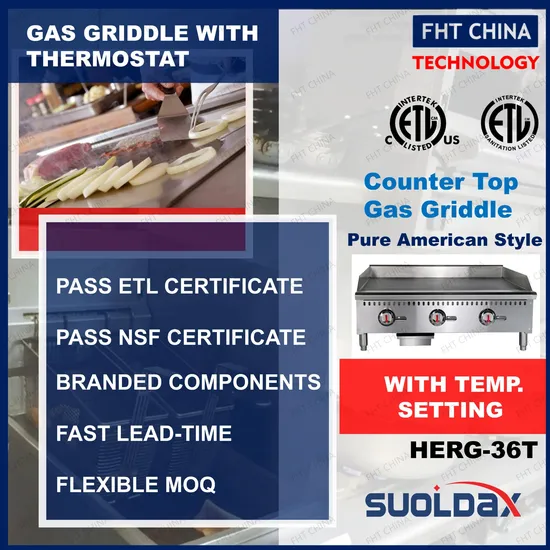 ETL Approved Commercial 36" Thermostatic Gas Countertop Griddle with 1" Thick Plate (HERG-36T)