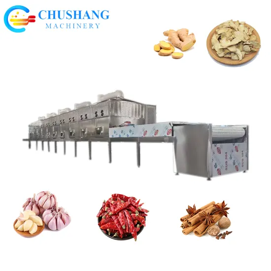 PLC Control Ginger Slices Garlic Cloves Chili Peppers Cinnamon Spices Chinese Medicinal Herbs Microwave Dryer Sterilizer Machine