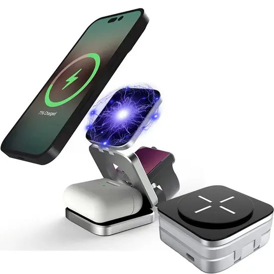 Newest Design Best Selling Mini Foldable 3 in 1 Magnetic Wireless Charger Station Docks