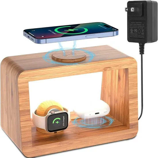 Modern Wooden Bamboo Charging Dock - Smartphone Smartwatch Earbuds 3-in-1 Wireless Charging Hub Charger with Warm Lighting