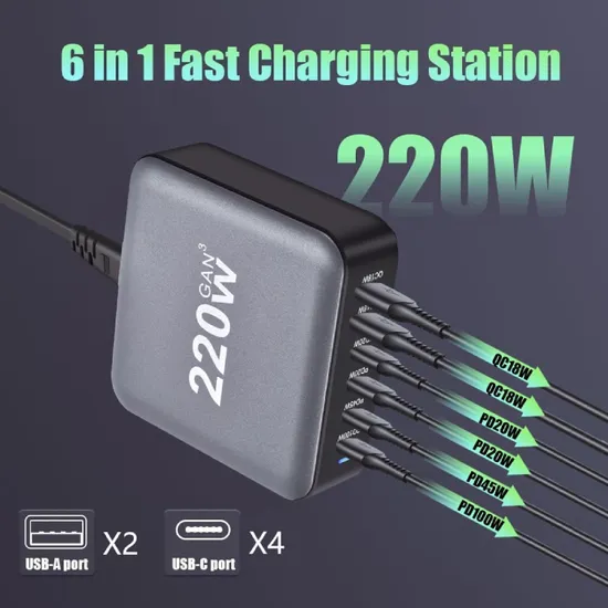 220W GaN III 6ports USB C Fast Charger Portable Wall Pd Charger