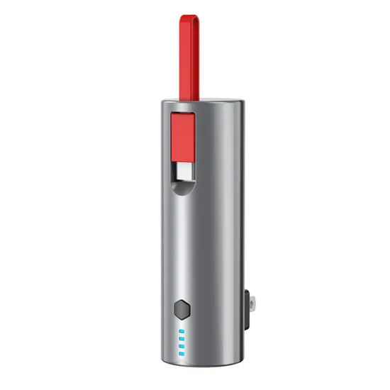 Pocket Size Round Lipstick Design Mini 5000mAh 2 in 1 Wall Plug Charger Pd 22.5W Fast Charging Power Bank with Built in Cable and Power Level Indicators