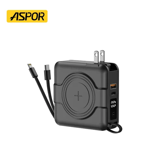 Multi-Purpose Portable 10000mAh Power Bank 5 in 1 with Foldable Stand Support Wireless Charging Built in Cable Powerbank