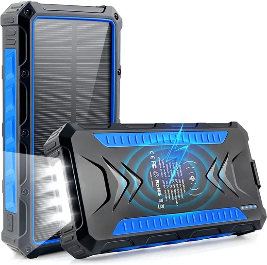 High Quality Factory Direct Sale LED Light Wireless Charging Solar Power Bank 36000mAh Solar Cell Phone Charger