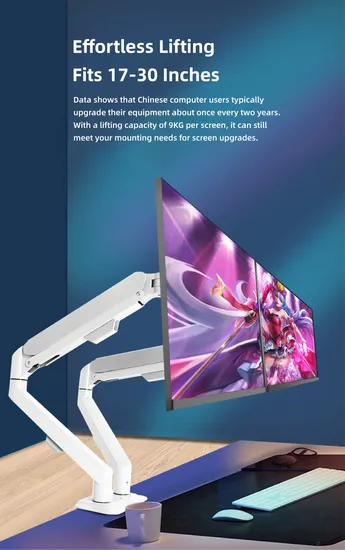 Universial Dual Screen Arm M22W Gas Spring White Desktop Computer Monitor Stand Mount Support for 17-30 Inch Monitor