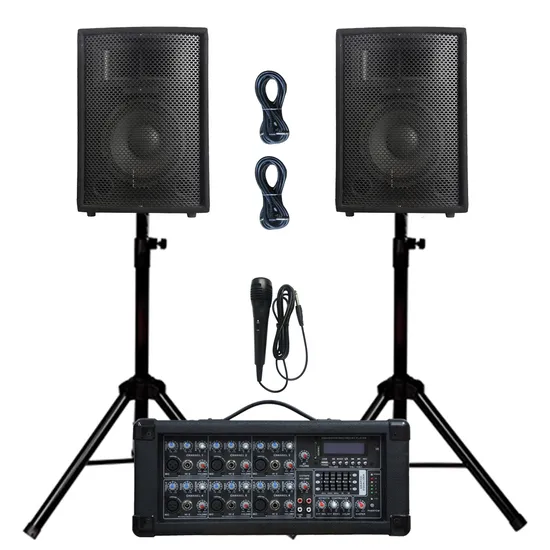 6 Channel 900W Bluetooth Powered with 2PCS 10 Inch Wooden Cabinet Speaker PRO DJ System+Microphone+Cable+Stand&Model