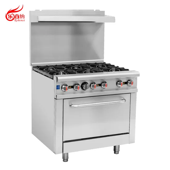 OEM/ODM High Output Commercial 6 Burner Gas Stove Cooker Range with Gas Oven Catering Equipment for Professional Kitchen with Heavy Duty Grates (RGR36)