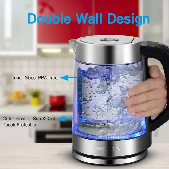 1.7L Blue LED Light Cordless Double Wall Electric Water Glass Kettle