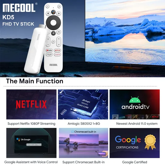 Mecool Kd5 Smart TV Stick TV Box Android 11 ATV Google Certified Amlogic S805X2 1GB 8GB DDR4 2.4G+5g WiFi Bt AV1 TV Dongle (1+8G)