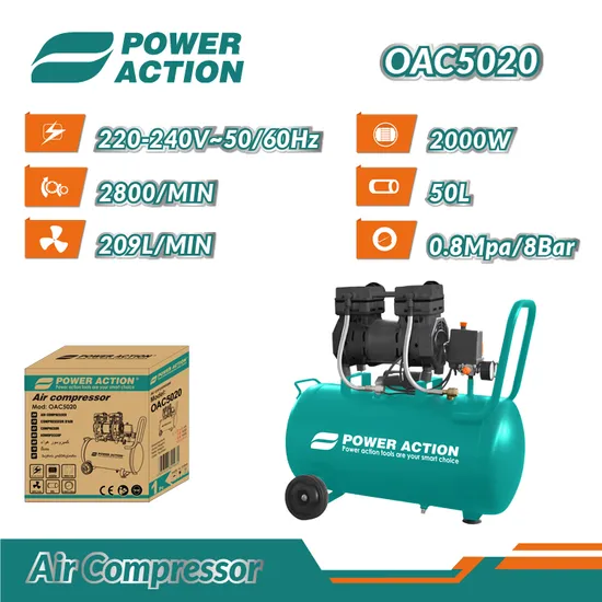 Power Action Oil Less Free 2000W Portable 50L Piston Electric Auto Screw Air Compressor Machine