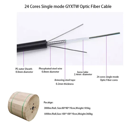 Outdoor Armored Single Mode Fiber Optic Cable with G652D Fiber HDPE Jacket GYXTW with Factory Price