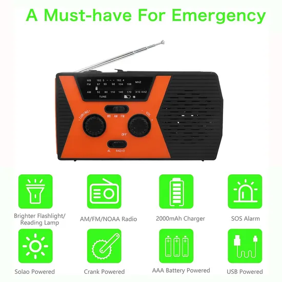 Solar Power Weather Broadcast Noaa/Am/FM Radio with Hand Crank Headphone Jack Reading Lamp 2000mAh Power Bank