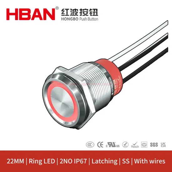 Red Ring LED IP67 Latching Power 2no 10A 22mm Push-Button-Switch
