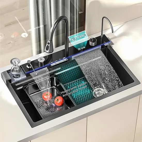 Nano Fregadero Waterfall Lavaplatos Handmade Stainless Steel Black Modern Wash Basin Kitchen Sink