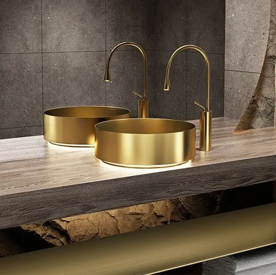 Fashion Style Golden Color Above Counter Mounted 304 Stainless Steel Round Wash Basin Bathroom Countertop Sink with Bottom Light