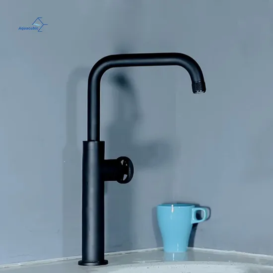 Aquacubic Single Hole Basin Faucet Deck Mounted Industrial Kitchen Vessel Sink Faucet with Etched Handle