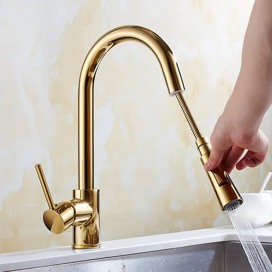 High Arc Hot Cold Water Single Handle Gold Brass Kitchen Sink Mixer Taps with Pull out Down Sprayer
