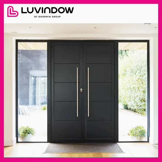 Commercial Use Easy Operation Custome Made Modern Front Solid Wood Entry Entrance Door Pivot Door with Sidelight