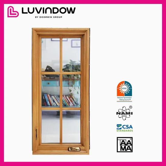 Doorwin Nfrc Certification Aluminium Clad Solid Wood Grill Design Double Glazing Energy Efficient Crank and Push out Swing Casement Windows