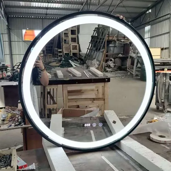 Round LED Bathroom Mirror with Black Aluminum Frame Mounted on Wall