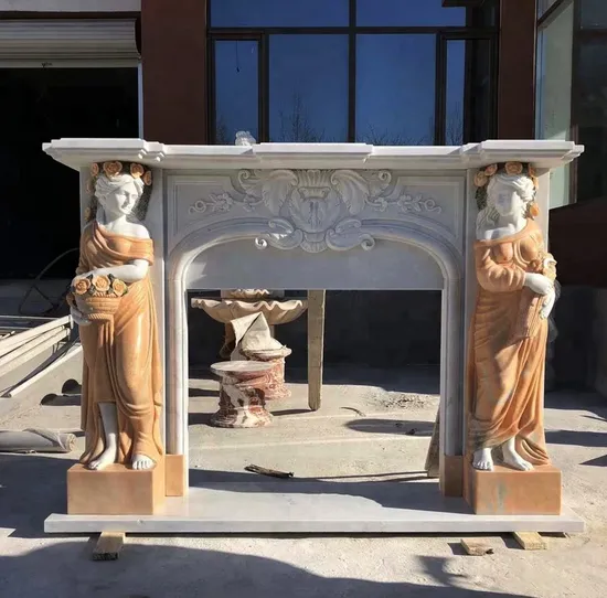 Decorative White and Yellow Mable Fireplace Mantel with Women Statues