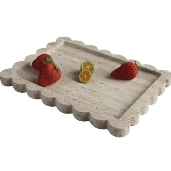 Large Rectangle Beige Travertine Stone Tray with Scalloped Edge