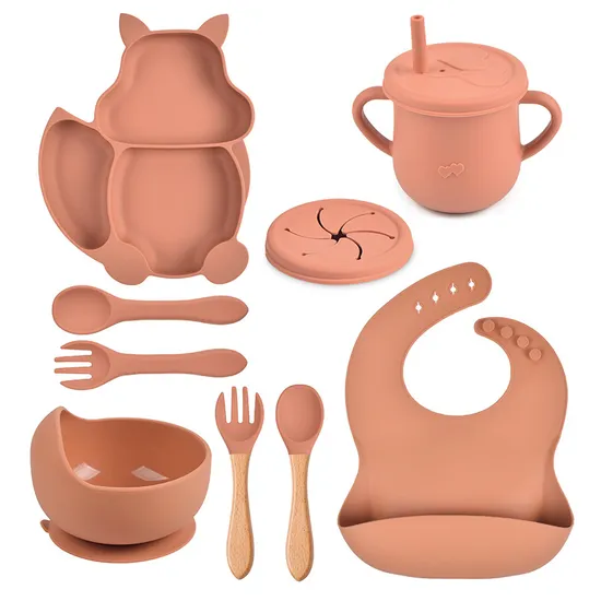 Silicone Tableware Food Grade Kitchen Untensils Training Cup Children Feeding Spoons Suction Bowl Soft Silicone Bibs Baby Feeding Dinner Set
