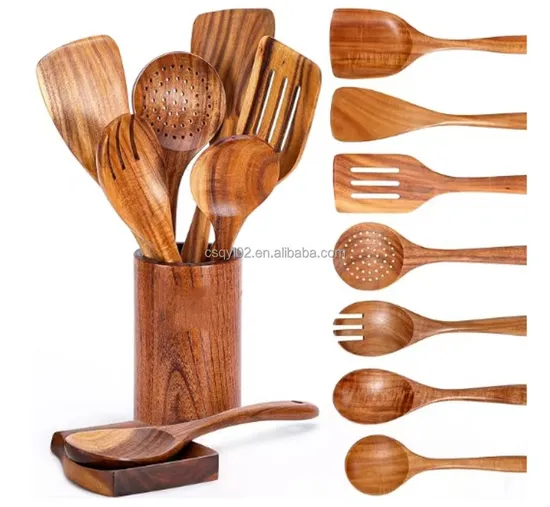 9 Piece Natural Teak Wooden Kitchen Utensil Set with Spoon Rest-Comfort Grip Cooking Spoons and Utensils Holder