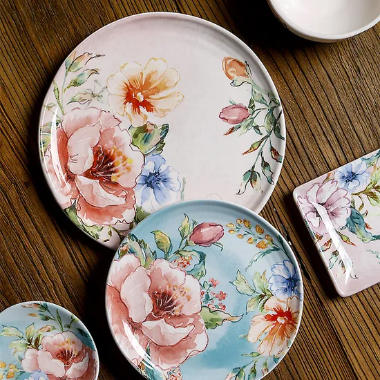 Ceramic Plate Round Steak Underglaze Flat Plate 9 Inch Breakfast Tableware