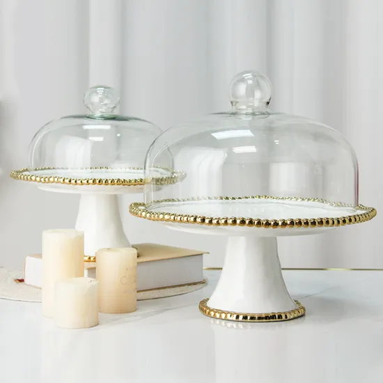 Rcp010A Wholesale Hotel Restaurant Party Tableware Gold Rim Ceramic Buffet Cake Serving Plates with Glass Lid