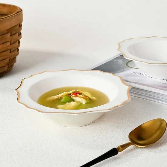 OEM ODM Bone Dinnerware Porcelain Luxury Soup Bowl Plate Gold Rim Ceramic Plates Dinnerware Set