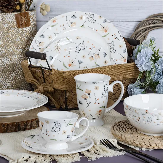 New Design Custom China Porcelain Luxury Tableware Pure White New Bone China Fresh Plant Printing Dinnerware Set
