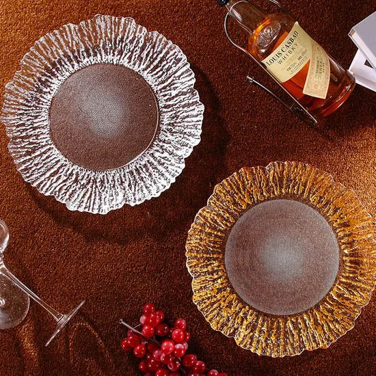 Factory Wholesale Nordic Ins Glass Dishes Western Food Plate Gold Rim Home Wedding Hotel Steak Pad Plate Glass Charger Plate