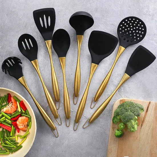 PVD Plated 304 Stainless Steel Silicone Kitchen Utensils Spoon Kitchenware Cooking Tools Food Grade Safe Kitchen Utensils