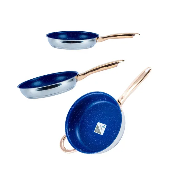 10PCS Stainless Steel Cookware Set with Golden Handles and Blue Glass Lid, Metal Pots and Fry Pans, South American Induction Kitchenware for Any Cooktops