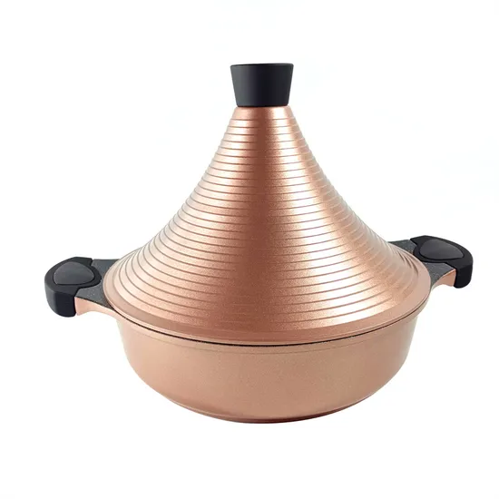 Chinese Factory OEM Brand Champaign Golden Color Conical Lid Tajine Pot Aluminum Diecast Material Induction Bottom Moroccan Tagine
