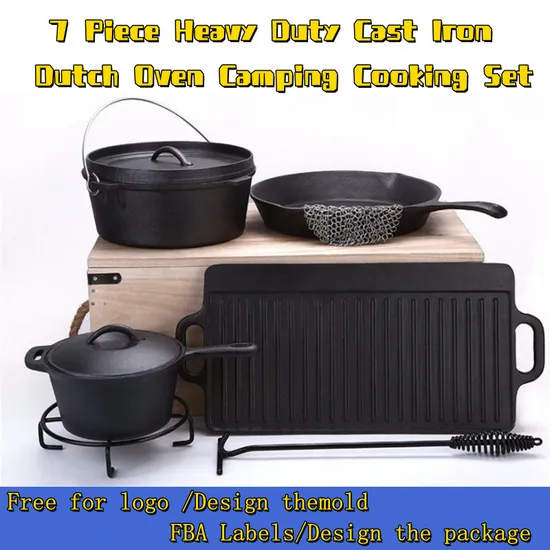 Pre-Seasoned 7 Piece Heavy Duty Cast Iron Dutch Oven Camping Cooking Set with Vintage Carrying Storage Box