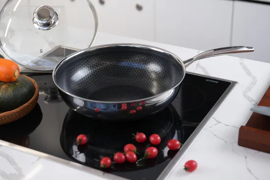 Eco-Friendly Material Kfcc Ceramic Non-Stick Tri-Ply Stainless Steel Wok Pan