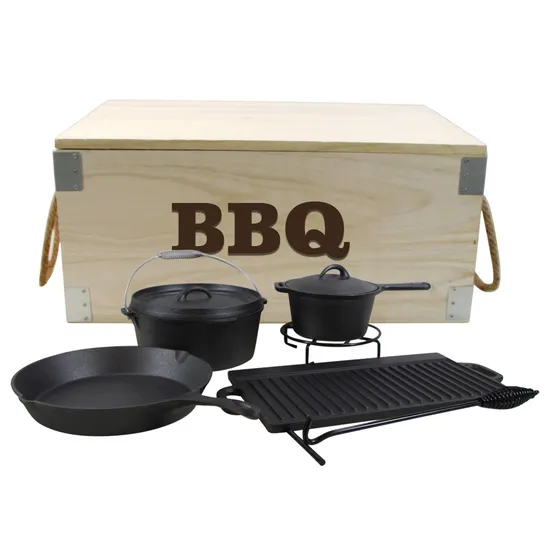 Outdoor Camping Cast Iron Dutch Oven Set with Wooden Case