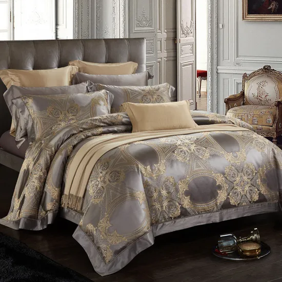 Top Luxury Royal Home Textile Grey Yarn-Dyed Comforter Quilt 100% Mulberry Silk Duvet Cover Four-Piece Coverlets King Size Bed Flat Sheet Pillowcase Bedding Set