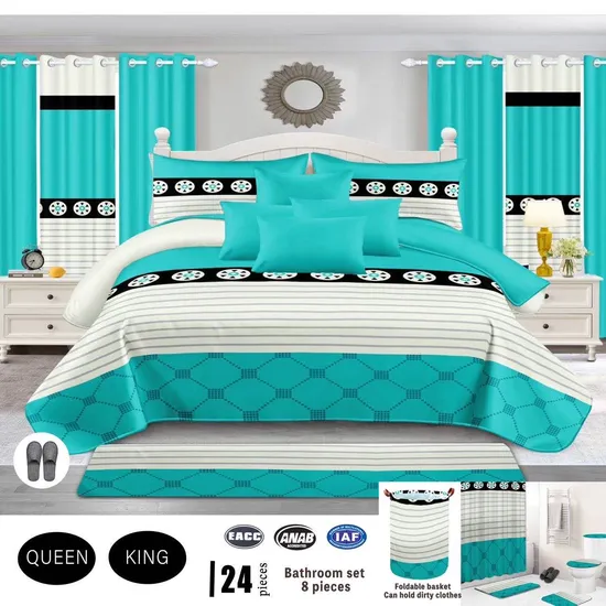 Blue Polyester Printed 24PCS High-End Bathroom 8 Pieces Suite Home Textile High End Quilted Bedspread Pillowcases Bedding Set with Curtain Supplier