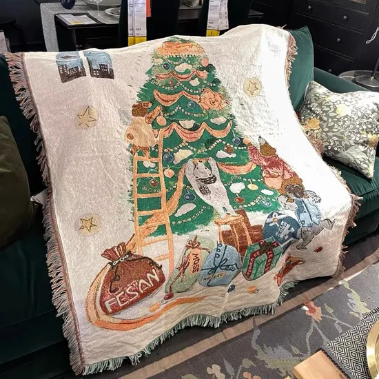 Customizable Christmas Jacquard Woven Blanket with Tassels for Sofa Decoration