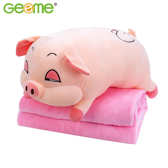 Soft Stuffed Plush Pig Toy Hugging Throw Pillow with Travel Blanket