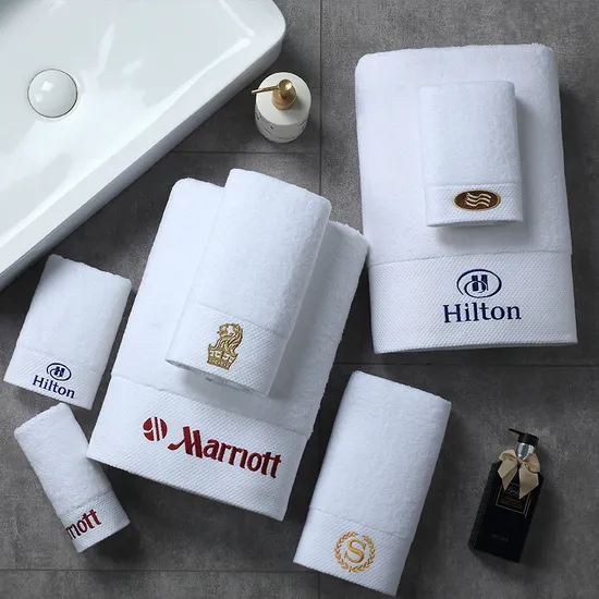 High Quality Custom Logo Embroidery Organic 100 Cotton White Hilton Bathroom Hotel Towel Sets Luxury Hotel Hand Face Bath Washing Towels