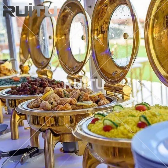 Factory Price Restaurant Equipment 6L Cheffing Food Warmer Chauffin Dishes Buffet Set Stainless Steel Round Golden Chaffing Dishes for Catering Serving Dish
