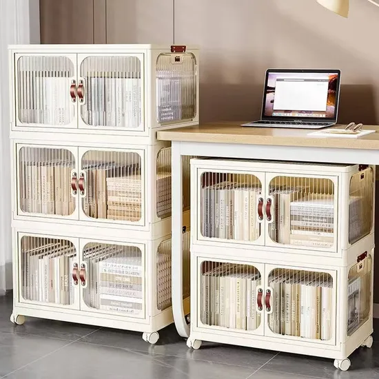 New Foldable Plastic Stackable Movable Multifunctional Transparent Storage Cabinet with Wheels (Four Layer)