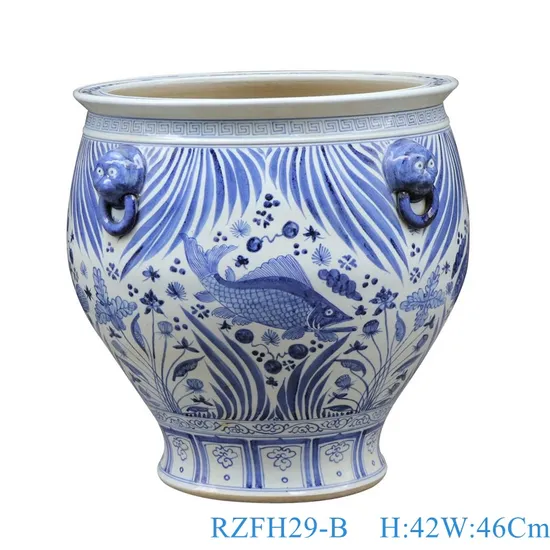 Blue and White Porcelain Lion Head Fish Lines and Patterns Ceramic Flower Planter Big Pot
